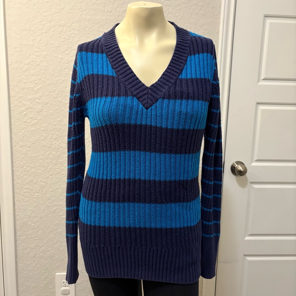 Y2K Vintage Womens V-neck Sweater Size Large Striped Preppy Rugby